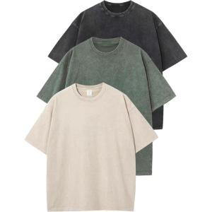 imageFlygo 3 Pack Men Oversized T Shirts Acid Washed Unisex Tee Loose Fit Short Sleeve Casual Streetwear Baggy Basic TopsBlackbeigearmygreen