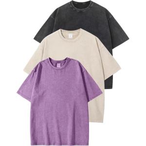 imageFlygo 3 Pack Men Oversized T Shirts Acid Washed Unisex Tee Loose Fit Short Sleeve Casual Streetwear Baggy Basic TopsBlackbeigepurple