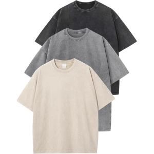 imageFlygo 3 Pack Men Oversized T Shirts Acid Washed Unisex Tee Loose Fit Short Sleeve Casual Streetwear Baggy Basic TopsBlackgreybeige