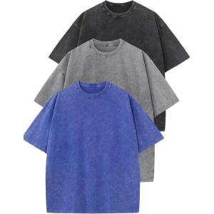 imageFlygo 3 Pack Men Oversized T Shirts Acid Washed Unisex Tee Loose Fit Short Sleeve Casual Streetwear Baggy Basic TopsBlackgreyblue