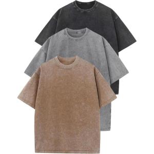 imageFlygo 3 Pack Men Oversized T Shirts Acid Washed Unisex Tee Loose Fit Short Sleeve Casual Streetwear Baggy Basic TopsBlackgreykhaki
