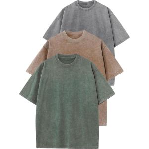 imageFlygo 3 Pack Men Oversized T Shirts Acid Washed Unisex Tee Loose Fit Short Sleeve Casual Streetwear Baggy Basic TopsGreykhakiarmygreen