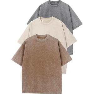 imageFlygo 3 Pack Men Oversized T Shirts Acid Washed Unisex Tee Loose Fit Short Sleeve Casual Streetwear Baggy Basic TopsGreykhakibeige