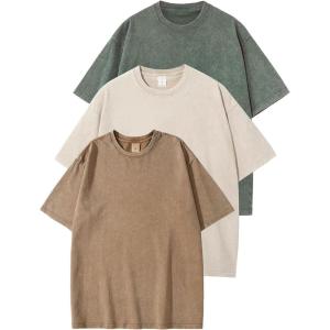 imageFlygo 3 Pack Men Oversized T Shirts Acid Washed Unisex Tee Loose Fit Short Sleeve Casual Streetwear Baggy Basic TopsKhakibeigearmygreen