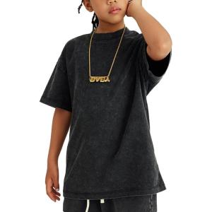 imageFlygo Boys Girls Cotton TShirts Kids Acid Wash Tshirt Vintage Unisex Casual Short Sleeve Loose Basic Tee TopBlack