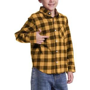 imageFlygo Boys Girls Long Sleeve Plaid Button Up Shirt Kids Casual Button Down Shirts Tops with PocketsYellow Black Plaid
