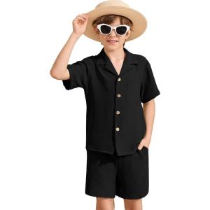imageFlygo Boys Summer 2 Piece Beach Outfits Casual Short Sleeve Button Down Shirts and Shorts Vacation Outfit Textured SetsBlack