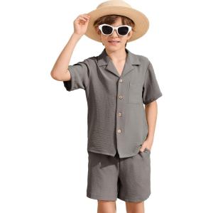 imageFlygo Boys Summer 2 Piece Beach Outfits Casual Short Sleeve Button Down Shirts and Shorts Vacation Outfit Textured SetsCoffee Grey