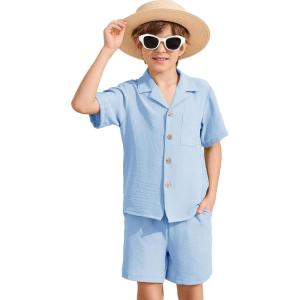 imageFlygo Boys Summer 2 Piece Beach Outfits Casual Short Sleeve Button Down Shirts and Shorts Vacation Outfit Textured SetsLight Blue