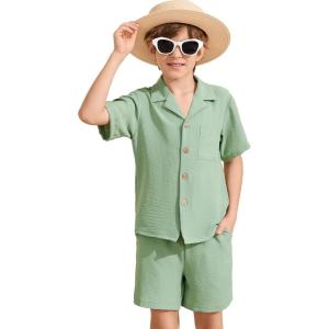 imageFlygo Boys Summer 2 Piece Beach Outfits Casual Short Sleeve Button Down Shirts and Shorts Vacation Outfit Textured SetsLight Green