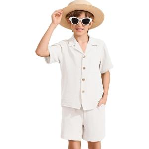 imageFlygo Boys Summer 2 Piece Beach Outfits Casual Short Sleeve Button Down Shirts and Shorts Vacation Outfit Textured SetsWhite