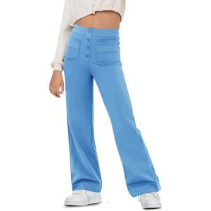 imageFlygo Girls Flare Yoga Pants Kids High Waisted Multiple Pockets Bell Bottoms Button Bootcut Stretchy PantsBlue