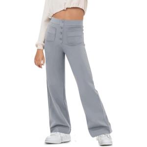 imageFlygo Girls Flare Yoga Pants Kids High Waisted Multiple Pockets Bell Bottoms Button Bootcut Stretchy PantsGrey