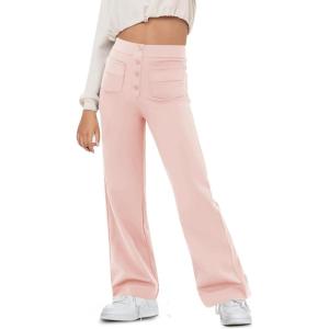 imageFlygo Girls Flare Yoga Pants Kids High Waisted Multiple Pockets Bell Bottoms Button Bootcut Stretchy PantsPink