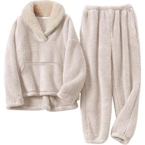 imageFlygo Girls Fuzzy Pants Set Fleece Outfits Winter Flannel Loose Fluffy Pullover Sweatshirt Top Pants SweatsuitBeige