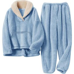imageFlygo Girls Fuzzy Pants Set Fleece Outfits Winter Flannel Loose Fluffy Pullover Sweatshirt Top Pants SweatsuitBlue