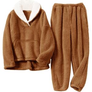 imageFlygo Girls Fuzzy Pants Set Fleece Outfits Winter Flannel Loose Fluffy Pullover Sweatshirt Top Pants SweatsuitBrown