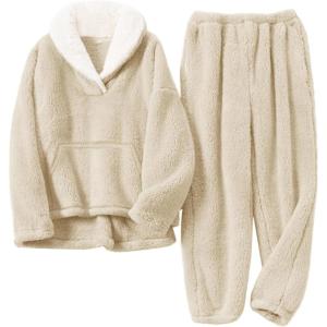 imageFlygo Girls Fuzzy Pants Set Fleece Outfits Winter Flannel Loose Fluffy Pullover Sweatshirt Top Pants SweatsuitKhaki