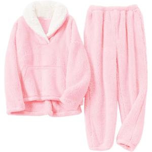 imageFlygo Girls Fuzzy Pants Set Fleece Outfits Winter Flannel Loose Fluffy Pullover Sweatshirt Top Pants SweatsuitLight Pink