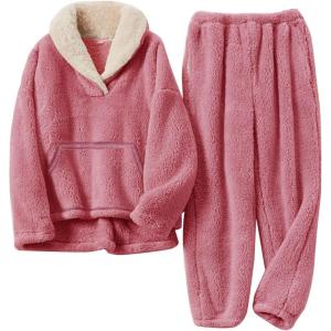 imageFlygo Girls Fuzzy Pants Set Fleece Outfits Winter Flannel Loose Fluffy Pullover Sweatshirt Top Pants SweatsuitPink