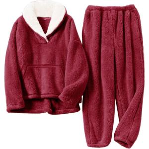 imageFlygo Girls Fuzzy Pants Set Fleece Outfits Winter Flannel Loose Fluffy Pullover Sweatshirt Top Pants SweatsuitRed