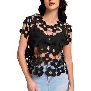 imageFlygo Hollow Out Floral Lace Crop Top for Women 2025 Trendy Oversized Sleeveless Crochet Vest Coverup Y2K Going Out TopsBlack