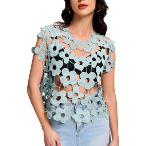 imageFlygo Hollow Out Floral Lace Crop Top for Women 2025 Trendy Oversized Sleeveless Crochet Vest Coverup Y2K Going Out TopsLight Green