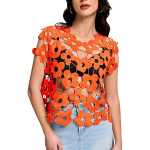 imageFlygo Hollow Out Floral Lace Crop Top for Women 2025 Trendy Oversized Sleeveless Crochet Vest Coverup Y2K Going Out TopsOrange