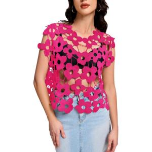 imageFlygo Hollow Out Floral Lace Crop Top for Women 2025 Trendy Oversized Sleeveless Crochet Vest Coverup Y2K Going Out TopsRose Red