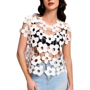imageFlygo Hollow Out Floral Lace Crop Top for Women 2025 Trendy Oversized Sleeveless Crochet Vest Coverup Y2K Going Out TopsWhite