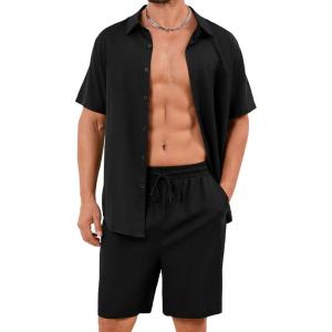 imageFlygo Men Cotton Linen Sets Outfits 2 Piece Summer Short Sleeve Shirt and Shorts Set Beach Wear Vacation OutfitBlack