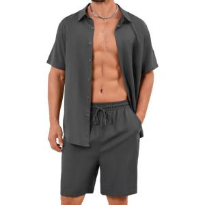 imageFlygo Men Cotton Linen Sets Outfits 2 Piece Summer Short Sleeve Shirt and Shorts Set Beach Wear Vacation OutfitGrey