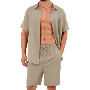 imageFlygo Men Cotton Linen Sets Outfits 2 Piece Summer Short Sleeve Shirt and Shorts Set Beach Wear Vacation OutfitKhaki