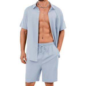 imageFlygo Men Cotton Linen Sets Outfits 2 Piece Summer Short Sleeve Shirt and Shorts Set Beach Wear Vacation OutfitLight Blue