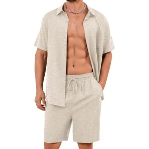 imageFlygo Men Cotton Linen Sets Outfits 2 Piece Summer Short Sleeve Shirt and Shorts Set Beach Wear Vacation OutfitNatural