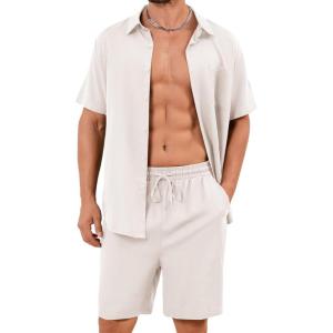 imageFlygo Men Cotton Linen Sets Outfits 2 Piece Summer Short Sleeve Shirt and Shorts Set Beach Wear Vacation OutfitWhite