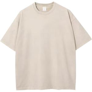 imageFlygo Men Oversized T Shirts Acid Washed Unisex Tee Loose Fit Short Sleeve Casual Streetwear Baggy Basic TopsBeige