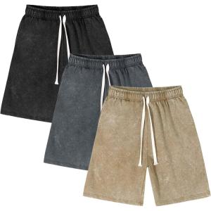 imageFlygo Mens 3 Pack Athletic Sweat Shorts Acid Washed Cotton Elastic Waist Drawstring Gym Workout Jogger Pants with PocketsBlackdarkgreykhaki