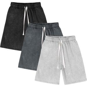 imageFlygo Mens 3 Pack Athletic Sweat Shorts Acid Washed Cotton Elastic Waist Drawstring Gym Workout Jogger Pants with PocketsBlackdarkgreylightgrey