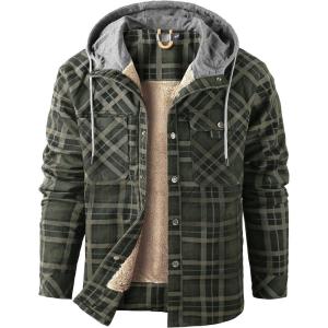 imageFlygo Mens Flannel Jacket Loose Plaid Sherpa Lined Flannel Shirt Snap Button Warm Winter Jackets Pockets02 Hooded Army Green