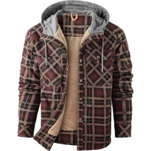 imageFlygo Mens Flannel Jacket Loose Plaid Sherpa Lined Flannel Shirt Snap Button Warm Winter Jackets Pockets02 Hooded Red Coffee