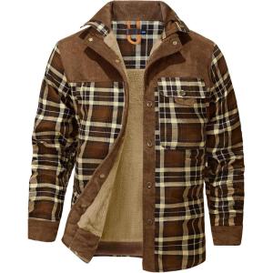 imageFlygo Mens Flannel Jacket Loose Plaid Sherpa Lined Flannel Shirt Snap Button Warm Winter Jackets PocketsBrown