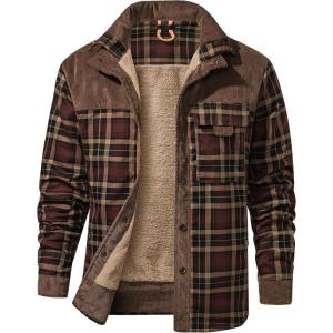 imageFlygo Mens Flannel Jacket Loose Plaid Sherpa Lined Flannel Shirt Snap Button Warm Winter Jackets PocketsCoffee