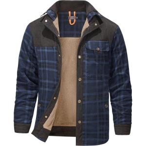 imageFlygo Mens Flannel Jacket Loose Plaid Sherpa Lined Flannel Shirt Snap Button Warm Winter Jackets PocketsDark Blue