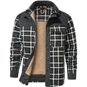 imageFlygo Mens Flannel Jacket Loose Plaid Sherpa Lined Flannel Shirt Snap Button Warm Winter Jackets PocketsGrey