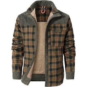 imageFlygo Mens Flannel Jacket Loose Plaid Sherpa Lined Flannel Shirt Snap Button Warm Winter Jackets PocketsLight Army Green