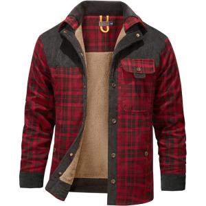 imageFlygo Mens Flannel Jacket Loose Plaid Sherpa Lined Flannel Shirt Snap Button Warm Winter Jackets PocketsRed