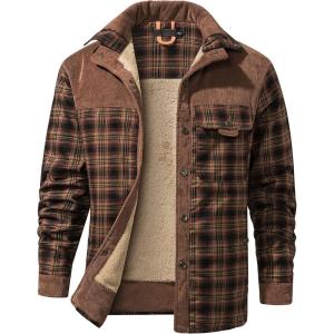 imageFlygo Mens Flannel Jacket Loose Plaid Sherpa Lined Flannel Shirt Snap Button Warm Winter Jackets PocketsRed Coffee