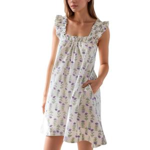 imageFlygo Nightgowns for Women Ruffle Sleeveless House Dresses Floral Print Sleep Dress Nightdress Sleepwear with PocketsLight Purple