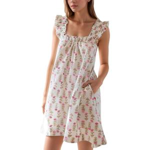 imageFlygo Nightgowns for Women Ruffle Sleeveless House Dresses Floral Print Sleep Dress Nightdress Sleepwear with PocketsPink